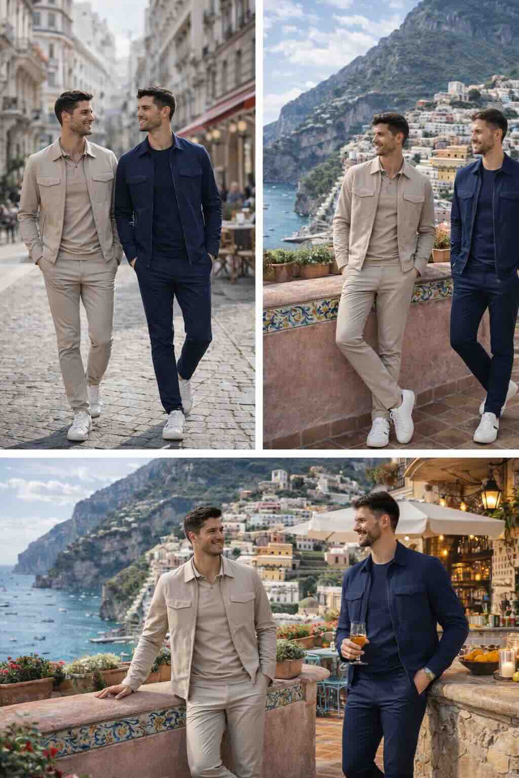 Mi Piace mannen travel kleding in dezelfde kleur broek, polo en overshirt gemaakt van comfortabele travelstof