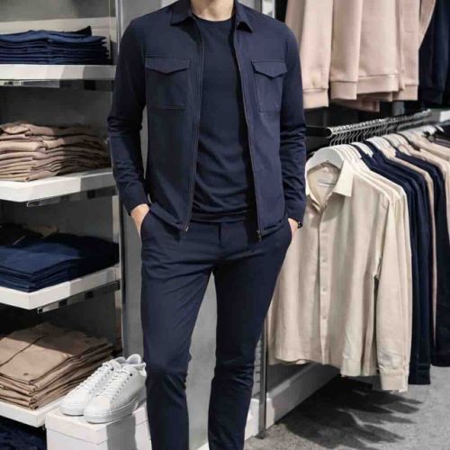 man in winkel met mi piace travel pak in donker blauw