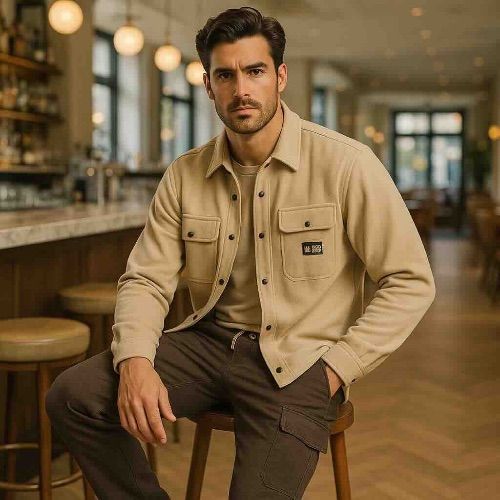 travelpants in bruin met protest fleece overshirt in beige