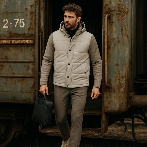 north84 travelpants  bonded en bugatti Jas bij trein wagon